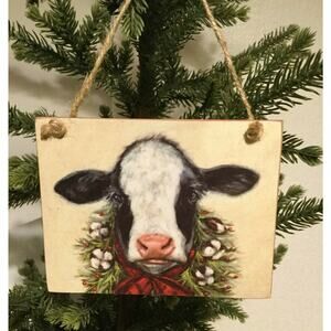 Black & White Cow Ornament Wooden Farmhouse Rustic Christmas Tree Sisal Rope